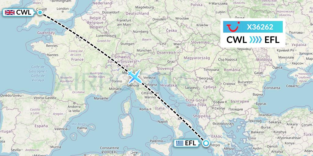 X36262 TUI fly Germany Flight Map: Cardiff to Kefalonia