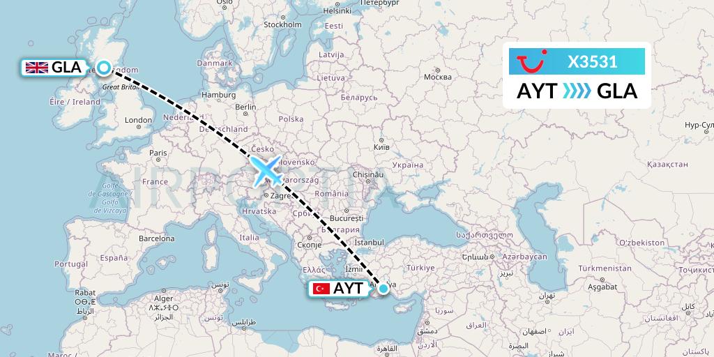 X3531 TUI fly Germany Flight Map: Antalya to Glasgow