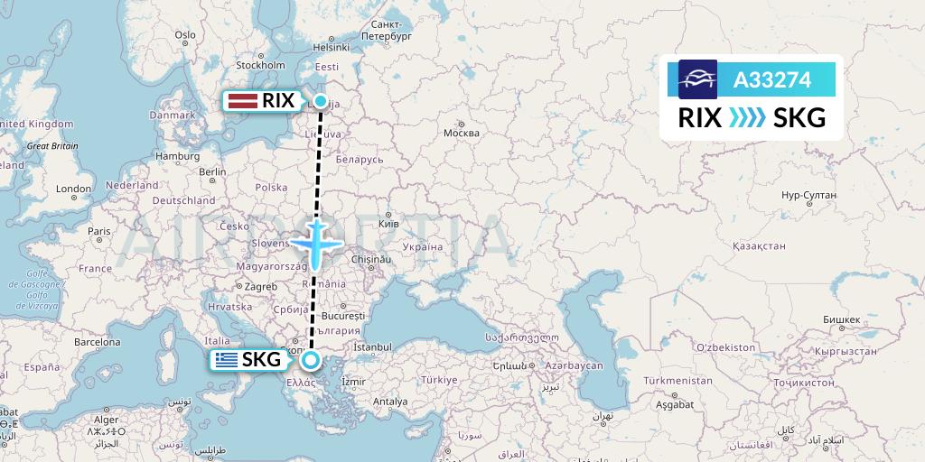 A33274 Aegean Airlines Flight Map: Riga to Thessaloniki