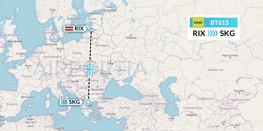BT615 Air Baltic Flight Map: Riga to Thessaloniki