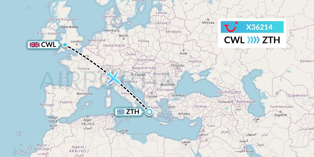X36214 TUI fly Germany Flight Map: Cardiff to Zakynthos