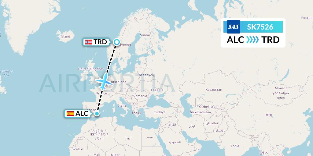 SK7526 SAS Flight Map: Alicante to Trondheim