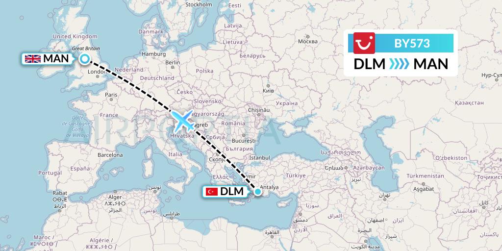BY573 TUI Airways Flight Map: Dalaman to Manchester