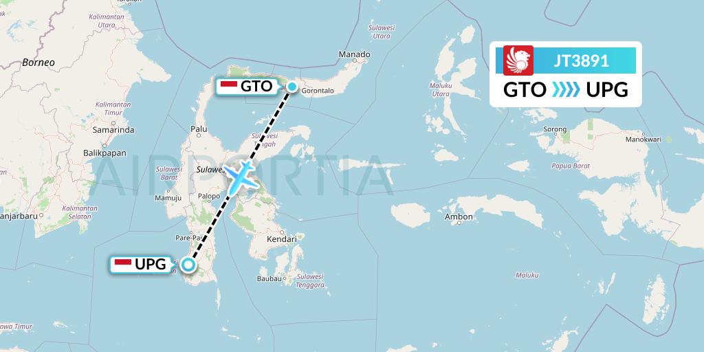 JT3891 Lion Airlines Flight Map: Gorontalo to Makassar