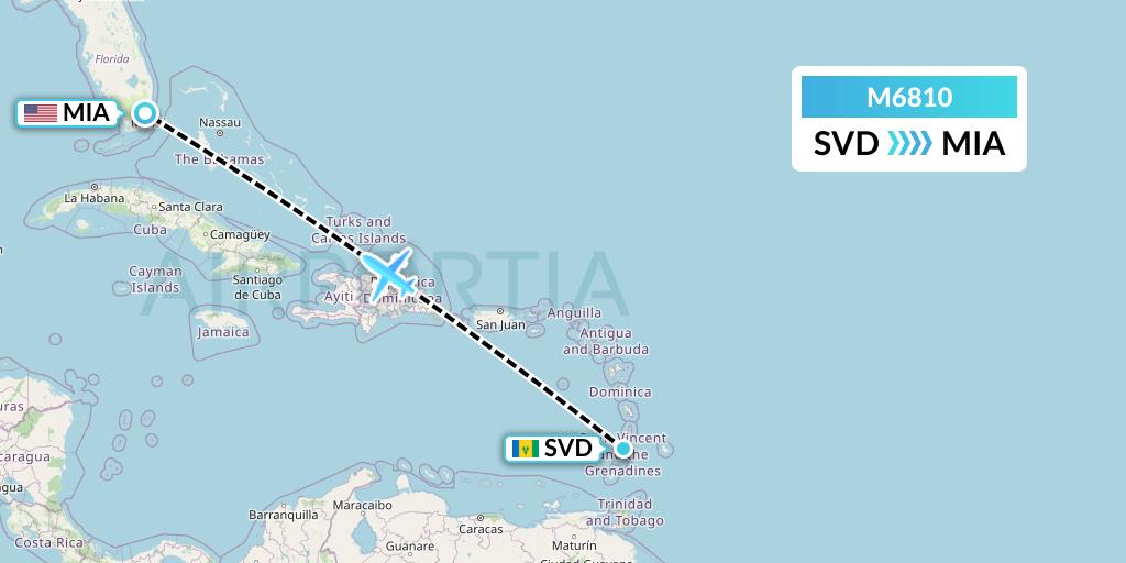 M6810 Amerijet International Flight Map: Kingstown to Miami