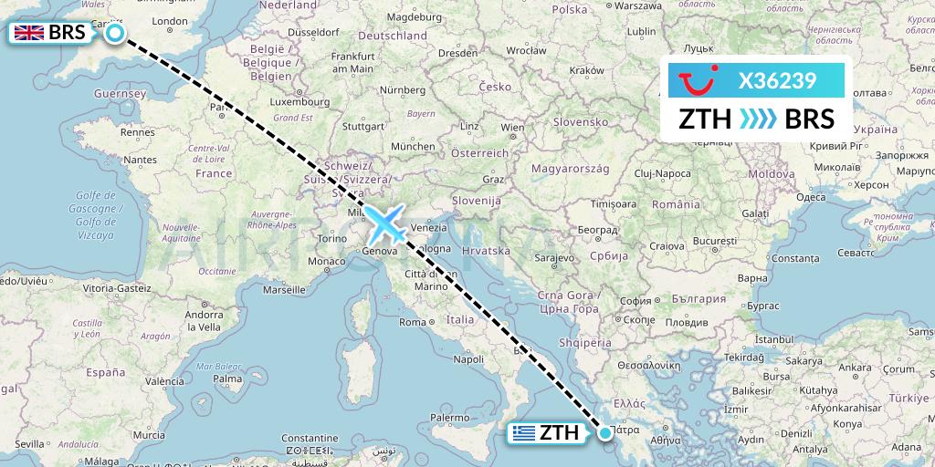 X36239 TUI fly Germany Flight Map: Zakynthos to Bristol