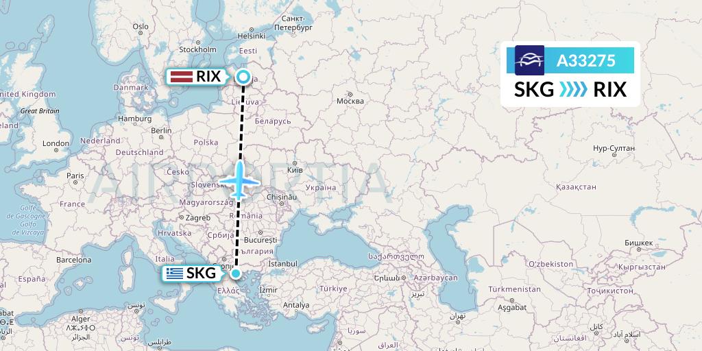 A33275 Aegean Airlines Flight Map: Thessaloniki to Riga