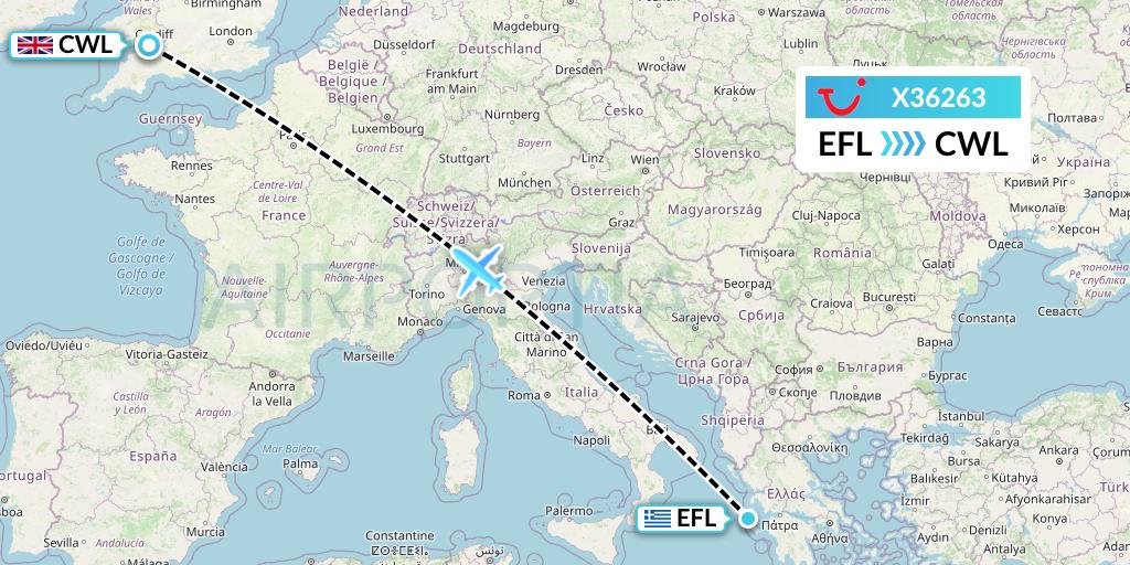 X36263 TUI fly Germany Flight Map: Kefalonia to Cardiff