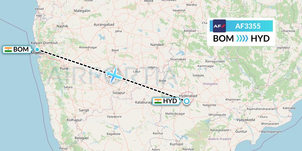 AF3355 Air France Flight Map: Mumbai to Hyderabad