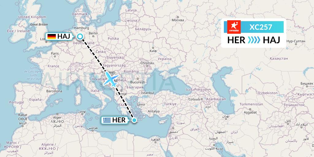 XC257 Corendon Airlines Flight Map: Heraklion to Hannover