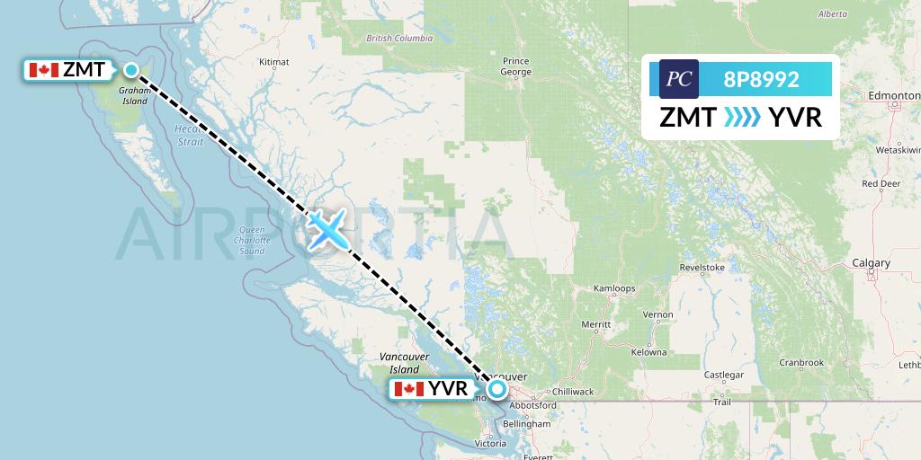8P8992 Pacific Coastal Airlines Flight Map: Masset to Vancouver
