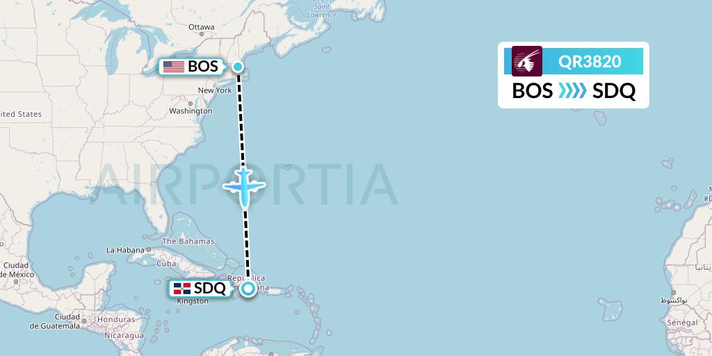 QR3820 Qatar Airways Flight Map: Boston to Santo Domingo