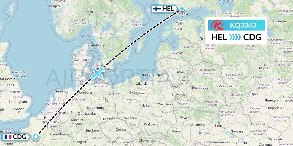 KQ3343 Kenya Airways Flight Map: Helsinki to Paris