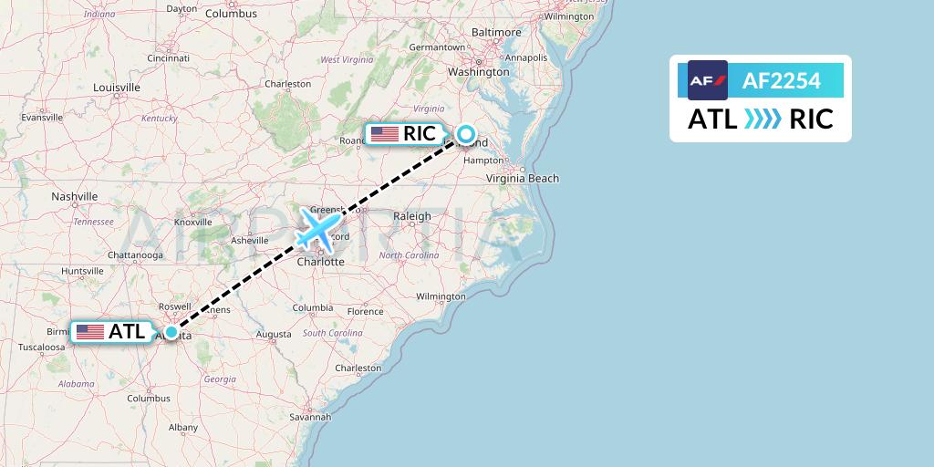 AF2254 Air France Flight Map: Atlanta to Richmond