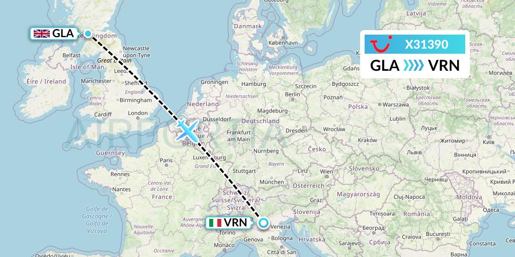 X31390 TUI fly Germany Flight Map: Glasgow to Verona