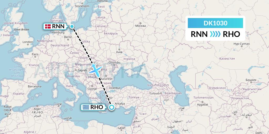 DK1030 Thomas Cook Airlines Scandinavia Flight Map: Ronne to Rhodes