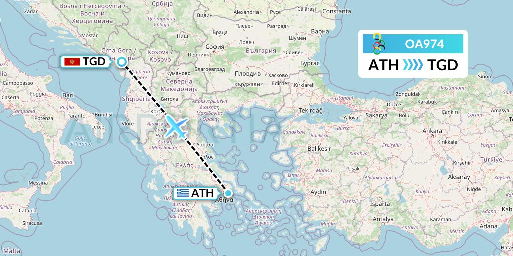 OA974 Olympic Air Flight Map: Athens to Podgorica