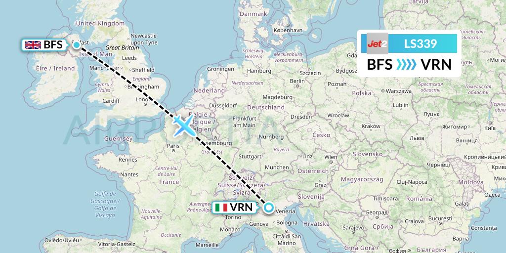 LS339 Jet2 Flight Map: Belfast to Verona