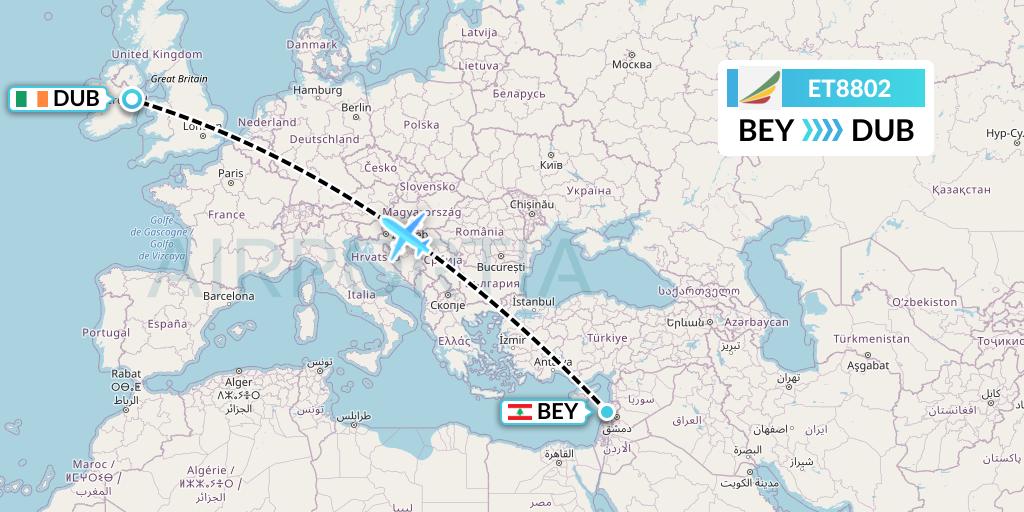 ET8802 Ethiopian Airlines Flight Map: Beirut to Dublin