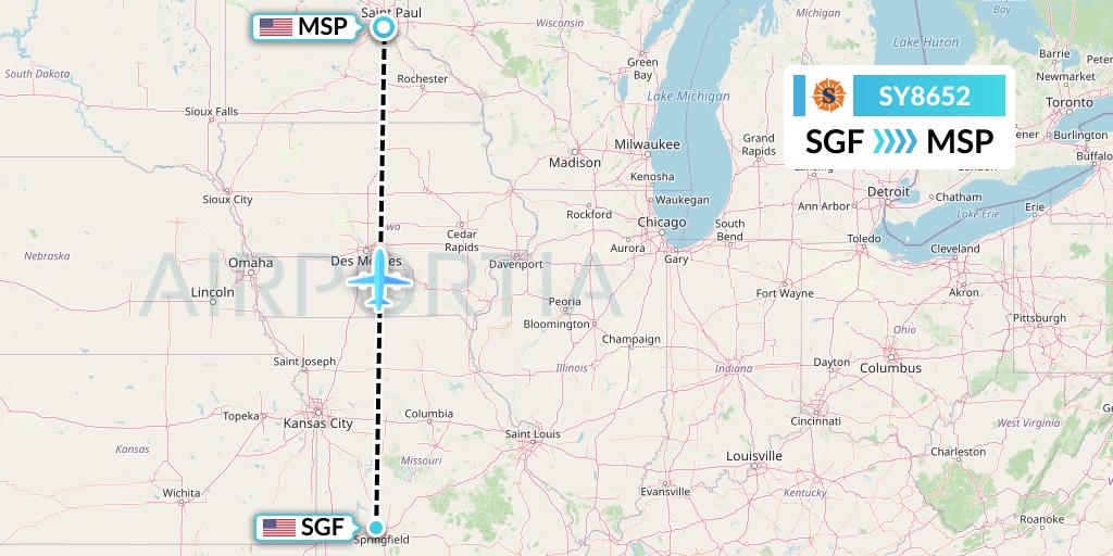 SY8652 Sun Country Airlines Flight Map: Springfield to Minneapolis