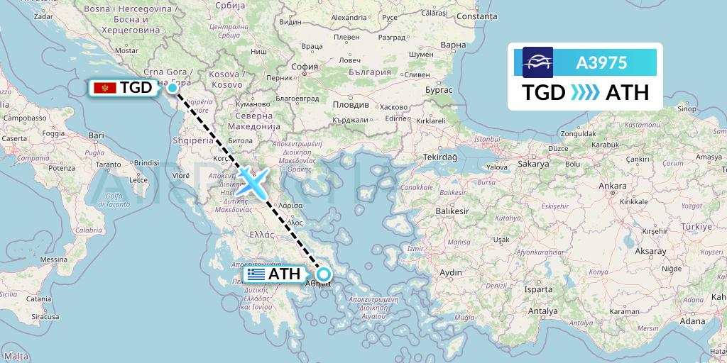 A3975 Aegean Airlines Flight Map: Podgorica to Athens