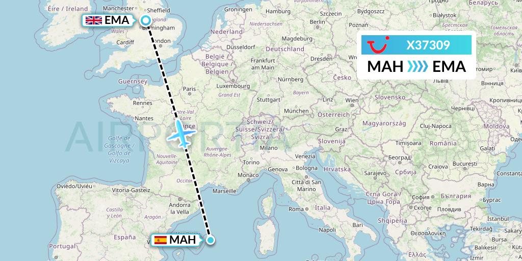 X37309 TUI fly Germany Flight Map: Mahon to East Midlands