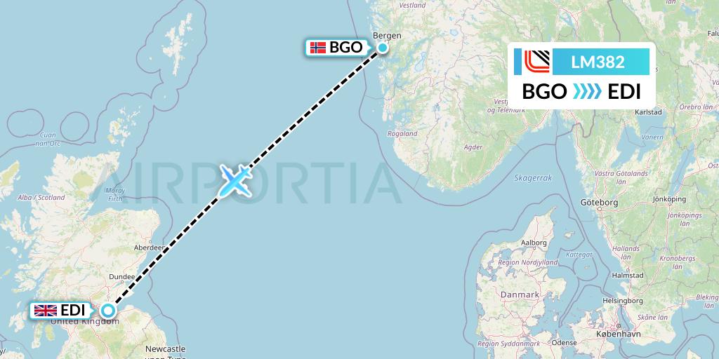LM382 Loganair Flight Map: Bergen to Edinburgh