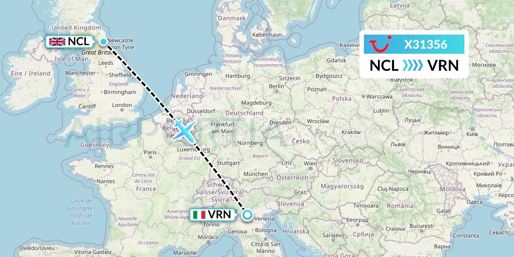 X31356 TUI fly Germany Flight Map: Newcastle to Verona