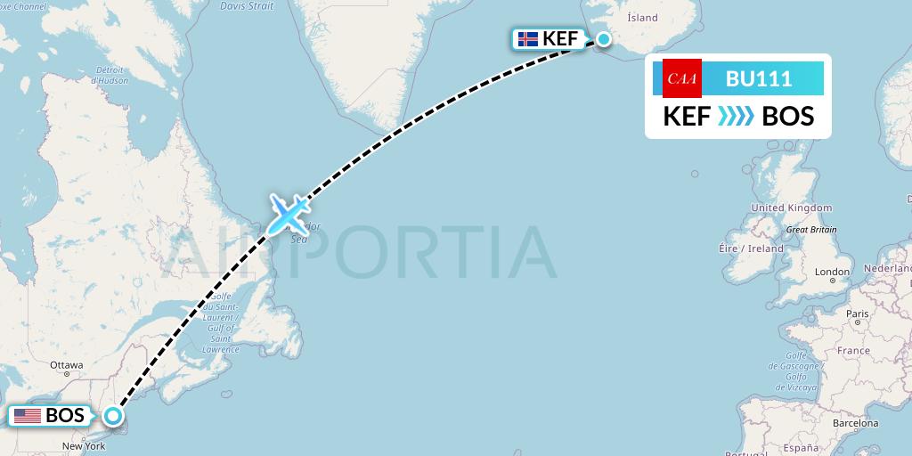 BU111 flyCAA Flight Map: Reykjavik to Boston