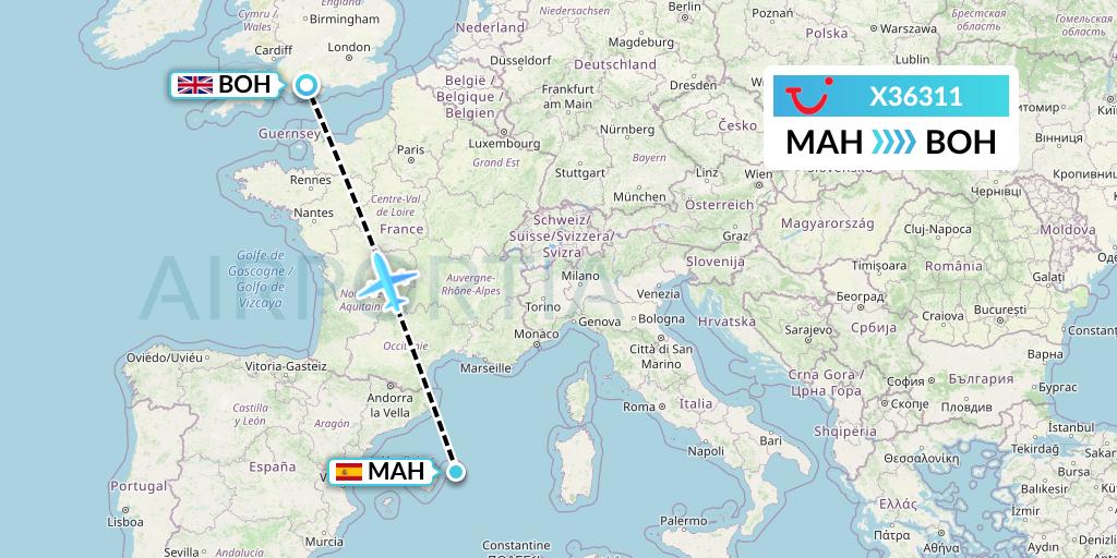 X36311 TUI fly Germany Flight Map: Mahon to Bournemouth