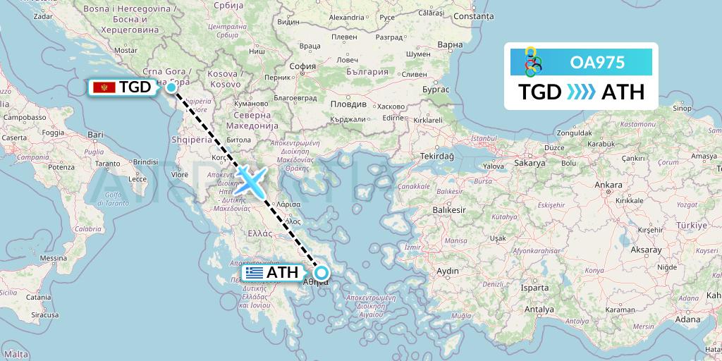 OA975 Olympic Air Flight Map: Podgorica to Athens