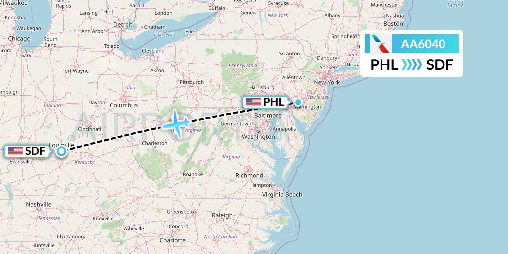 AA6040 American Airlines Flight Map: Philadelphia to Louisville