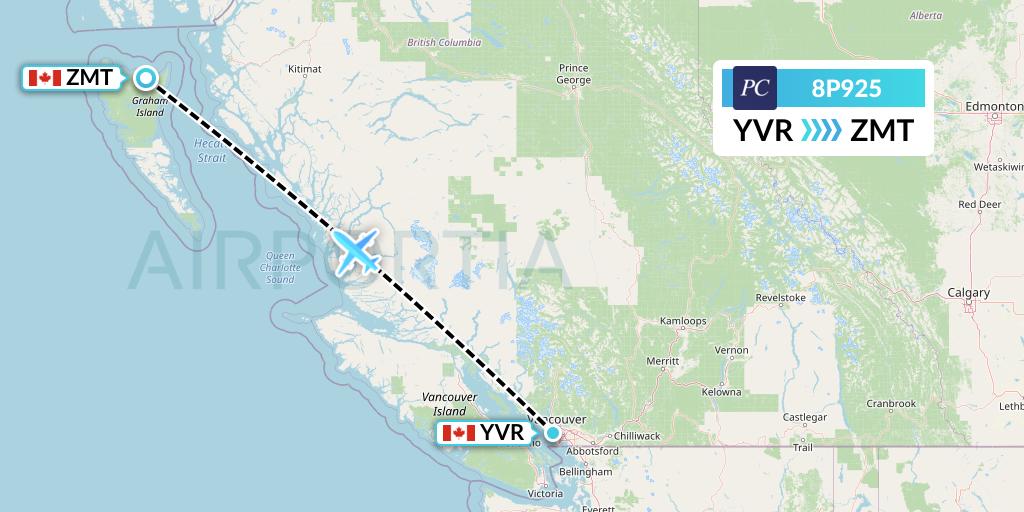 8P925 Pacific Coastal Airlines Flight Map: Vancouver to Masset