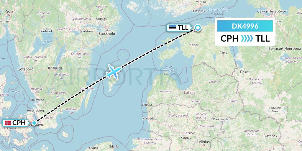 DK4996 Thomas Cook Airlines Scandinavia Flight Map: Copenhagen to Tallinn