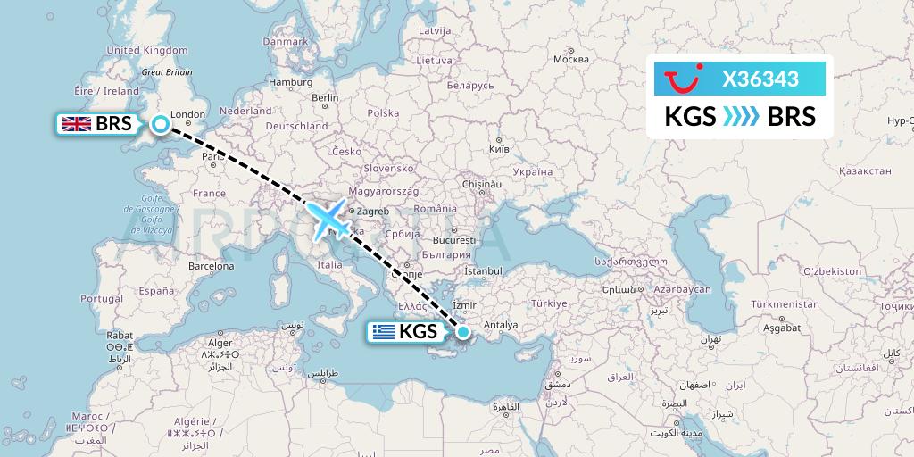 X36343 TUI fly Germany Flight Map: Kos to Bristol