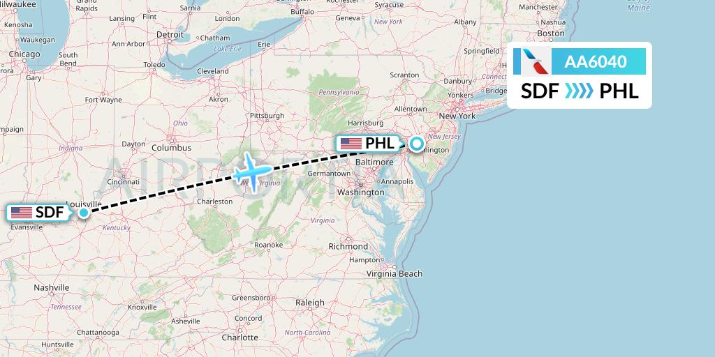 AA6040 American Airlines Flight Map: Louisville to Philadelphia