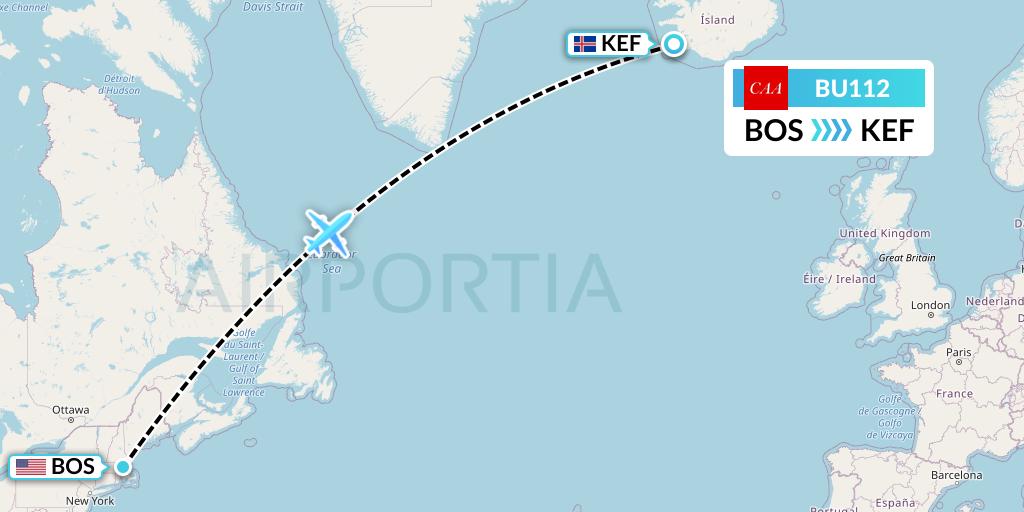 BU112 flyCAA Flight Map: Boston to Reykjavik