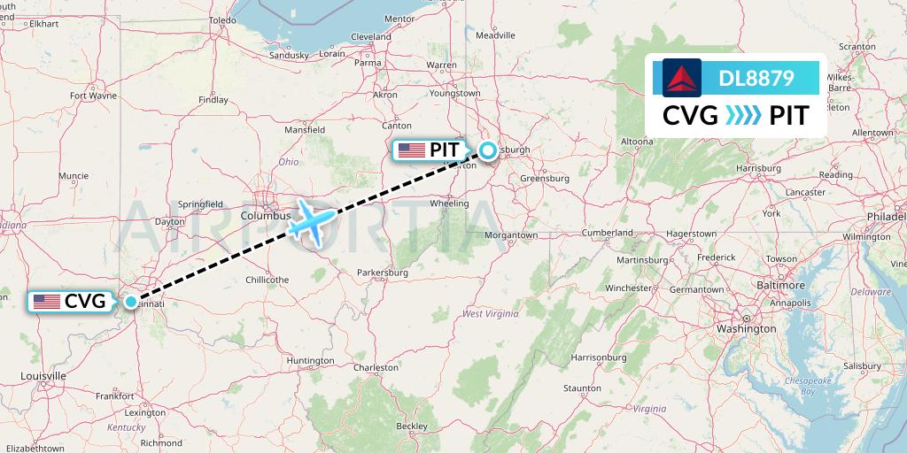 DL8879 Delta Air Lines Flight Map: Cincinnati to Pittsburgh