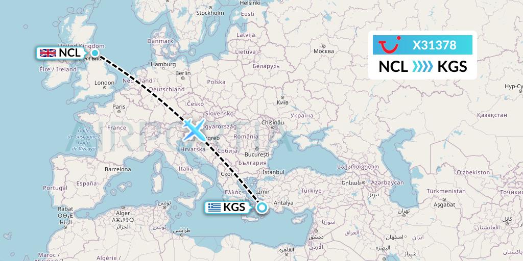 X31378 TUI fly Germany Flight Map: Newcastle to Kos