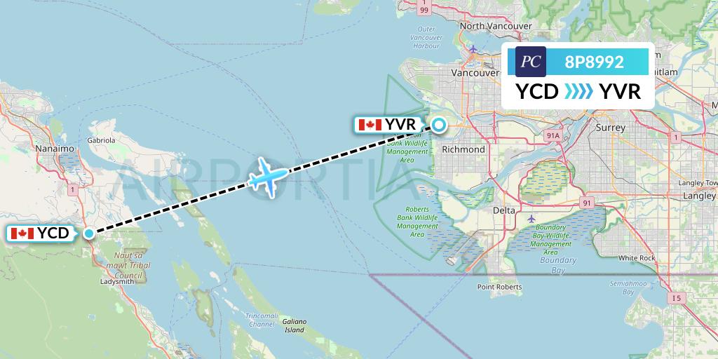 8P8992 Pacific Coastal Airlines Flight Map: Nanaimo to Vancouver