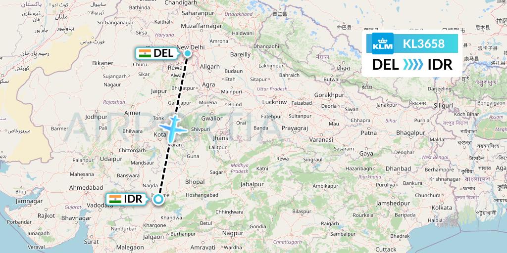 KL3658 KLM Flight Map: Delhi to Indore