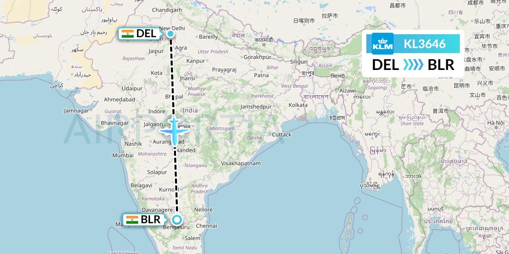 KL3646 KLM Flight Map: Delhi to Bangalore