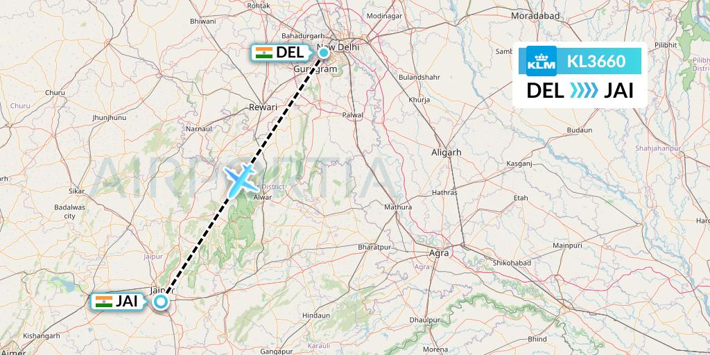 KL3660 KLM Flight Map: Delhi to Jaipur