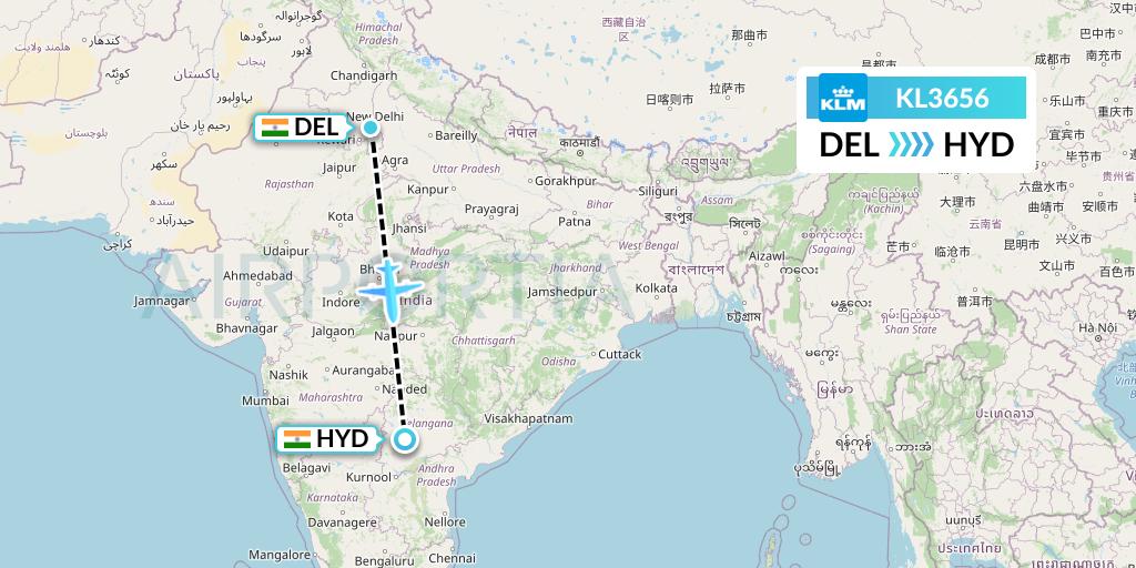 KL3656 KLM Flight Map: Delhi to Hyderabad