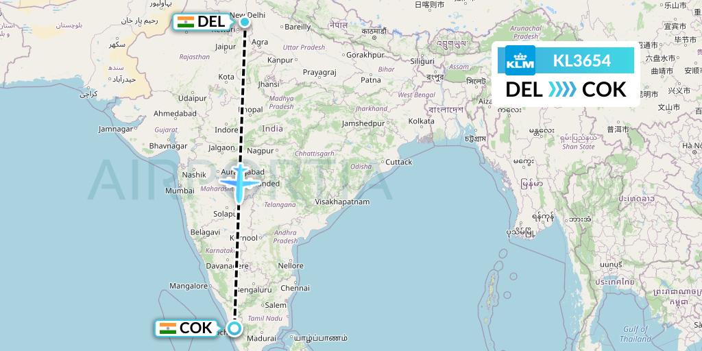 KL3654 KLM Flight Map: Delhi to Cochin