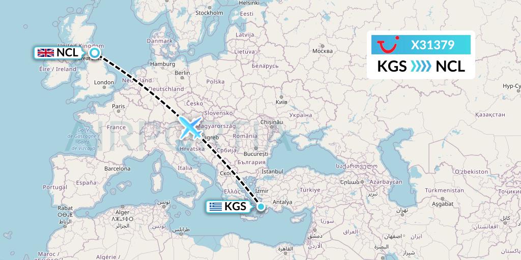 X31379 TUI fly Germany Flight Map: Kos to Newcastle