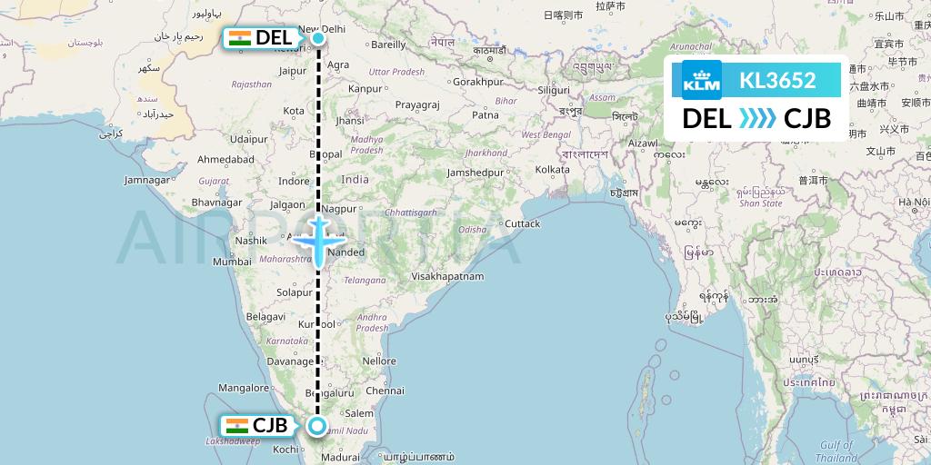 KL3652 KLM Flight Map: Delhi to Coimbatore