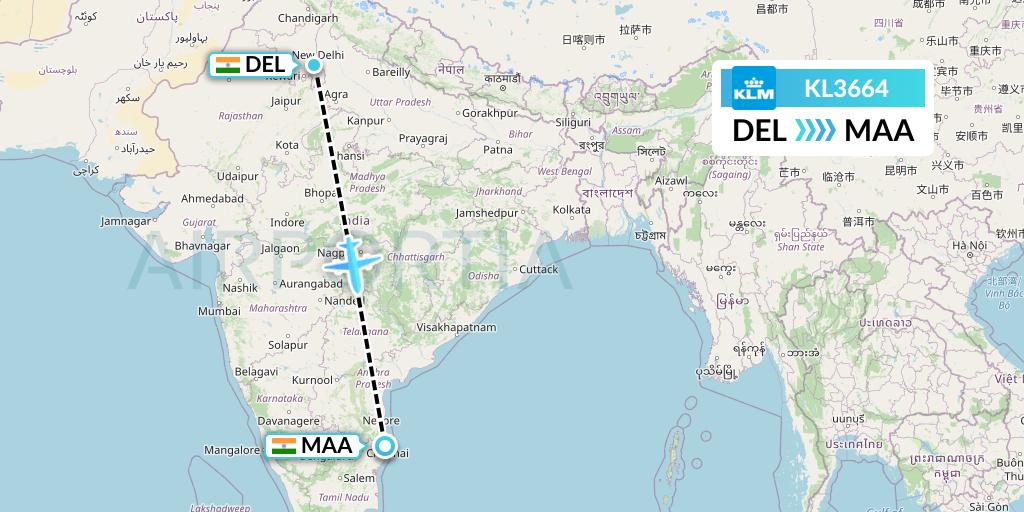 KL3664 KLM Flight Map: Delhi to Chennai