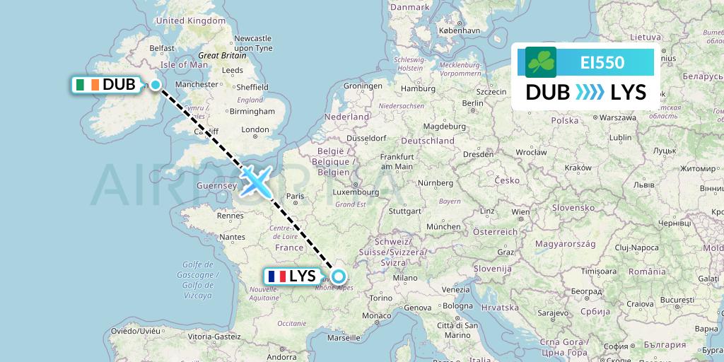 EI550 Aer Lingus Flight Map: Dublin to Lyon