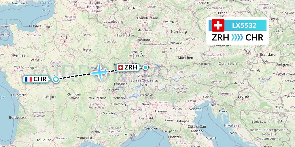 LX5532 Swiss Flight Map: Zurich to Chateauroux